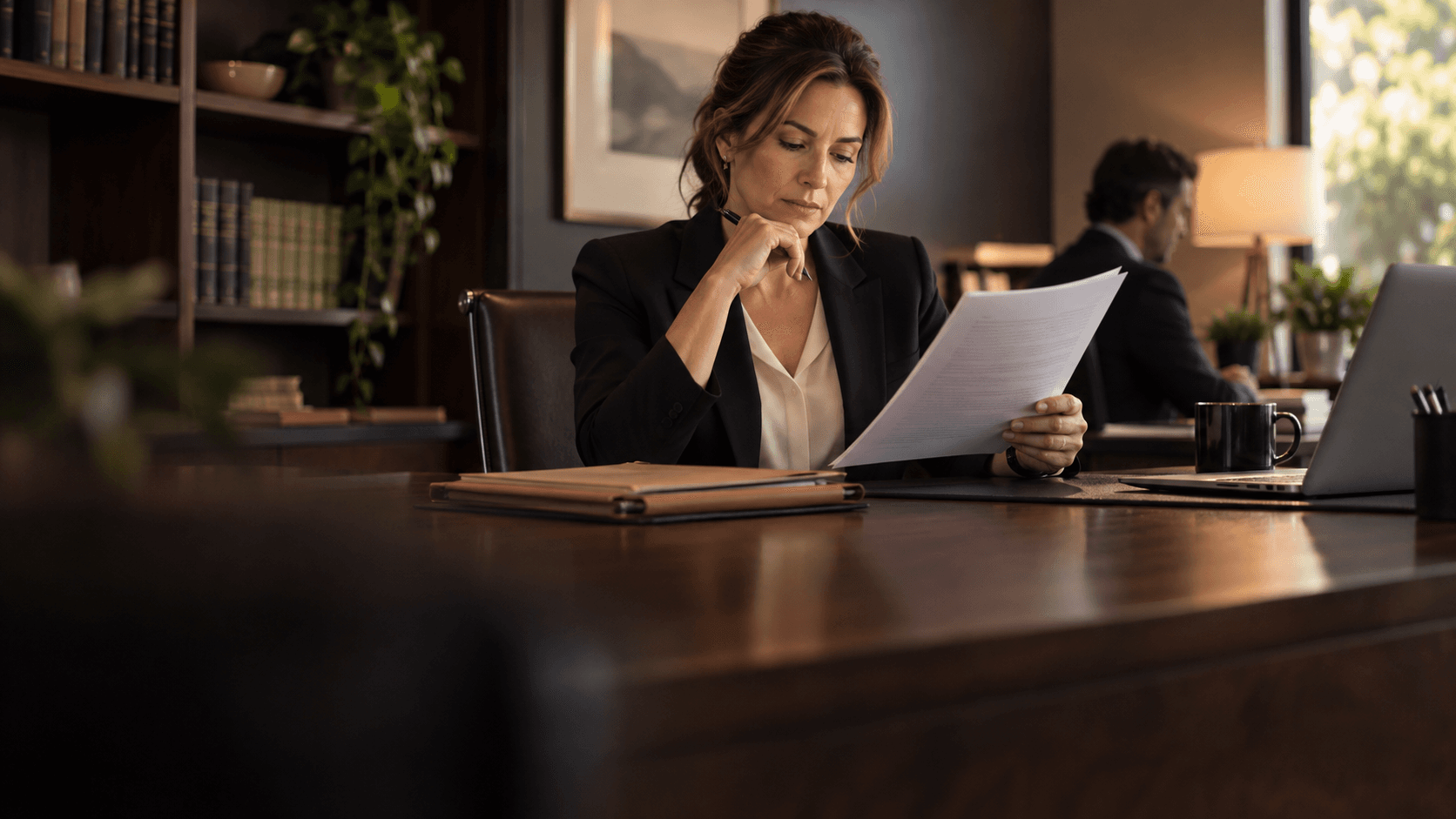 An attorney reviewing a case brief in a law office
